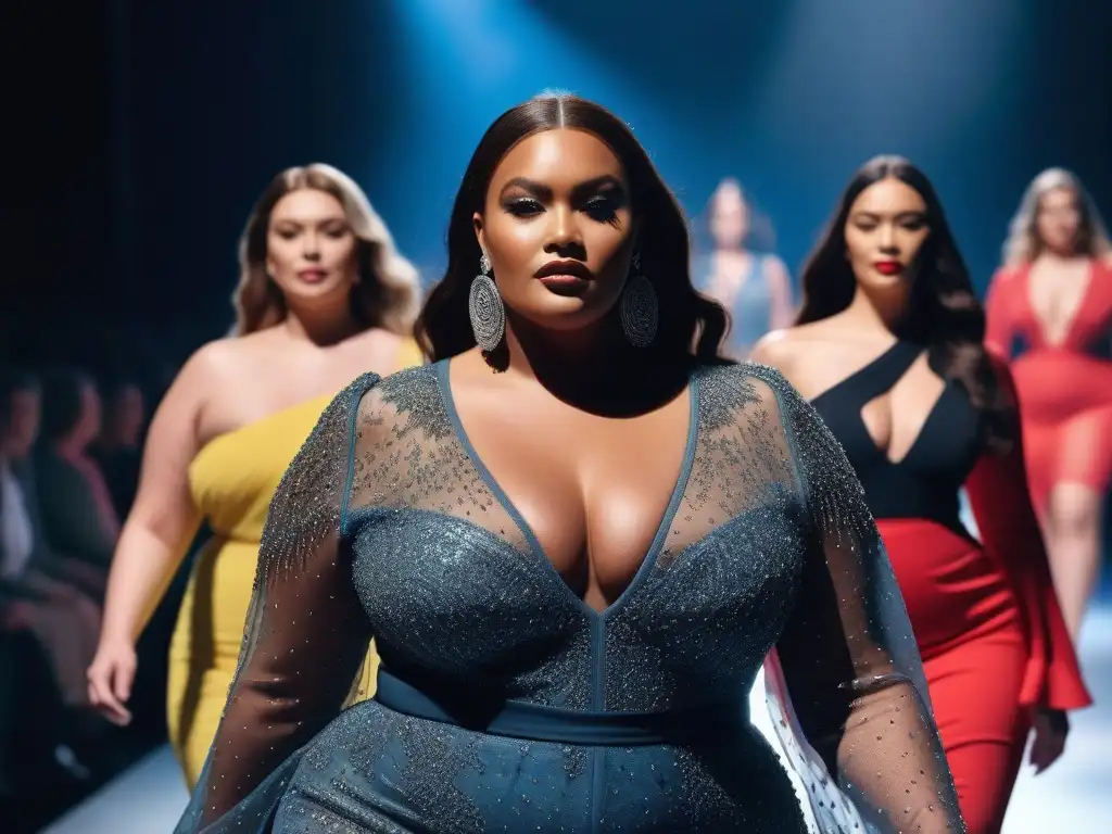 Desfile de moda inclusivo con modelos de tallas grandes empoderadas Desfile de moda con modelos plus size seguras y empoderadas exhibiendo diseños inclusivos en una pasarela brillante