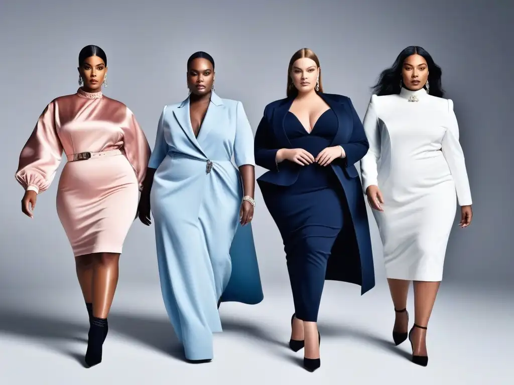 Desfile de moda Balenciaga con modelos plus size seguras y chic Desfile de moda Balenciaga con modelos plus size seguras y elegantes en una pasarela futurista