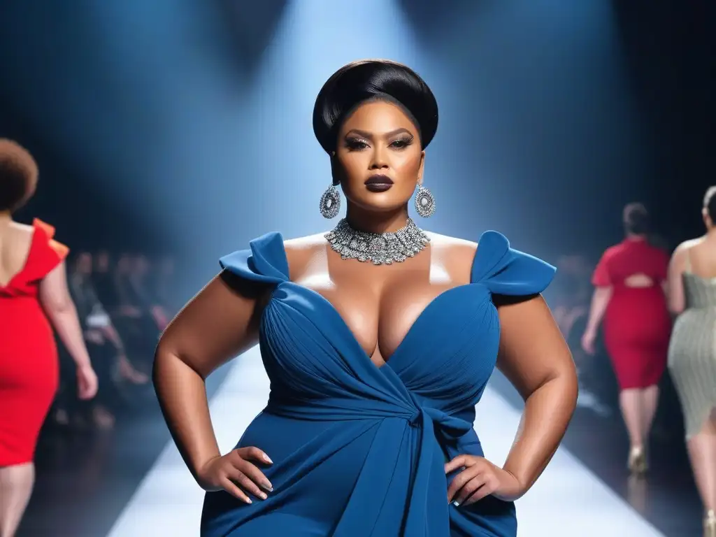 Desfile de moda inclusiva con modelos plus size empoderadas Un desfile de moda con modelos de tallas grandes luciendo diseños inclusivos y vibrantes, celebrando la historia de la moda plus size