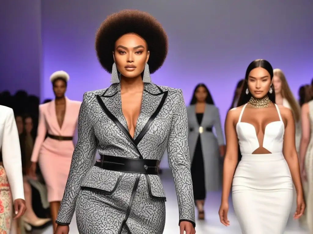 Pasarela de moda: diversidad de tallas y estilos deslumbran juntos Desfile de moda con modelos de diversas tallas y fondos, luciendo atuendos únicos