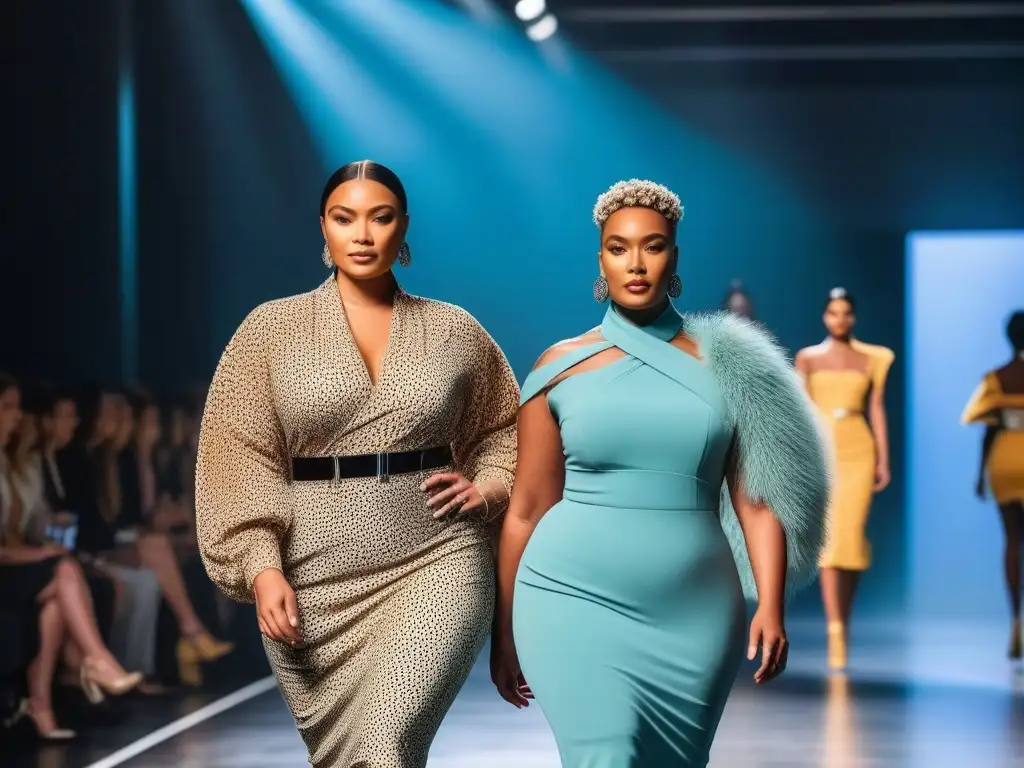 Desfile de moda inclusivo con modelos diversos Desfile de moda con modelos de diversas tallas y etnias luciendo diseños inclusivos en pasarela moderna