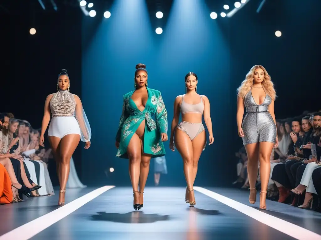 Desfile de moda inclusivo con modelos de todas las tallas y etnias Desfile de moda con modelos de diversas tallas y etnias, luciendo prendas inclusivas de marcas reconocidas