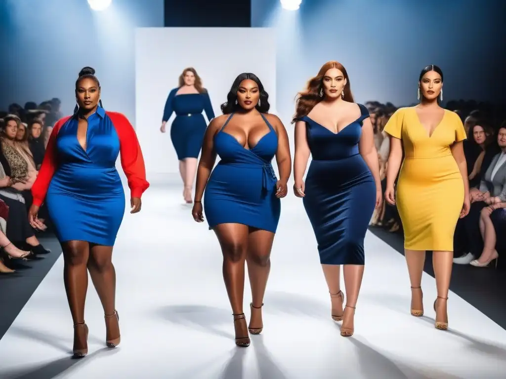 Pasarela de moda plussize: elegancia y diversidad Un desfile de moda con modelos de tallas grandes mostrando elegantes prendas