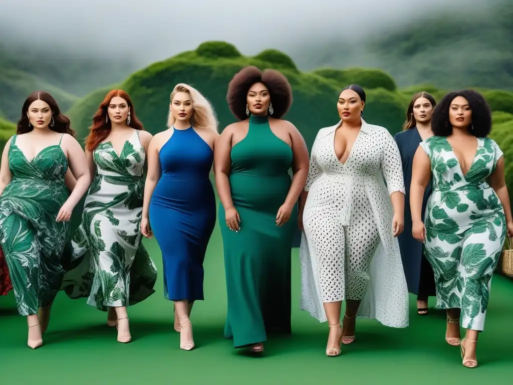 Desfile inclusivo: moda sostenible para tallas grandes Desfile de moda con modelos de tallas especiales y sostenibles, empoderadas y seguras, en pasarela con elementos ecofriendly