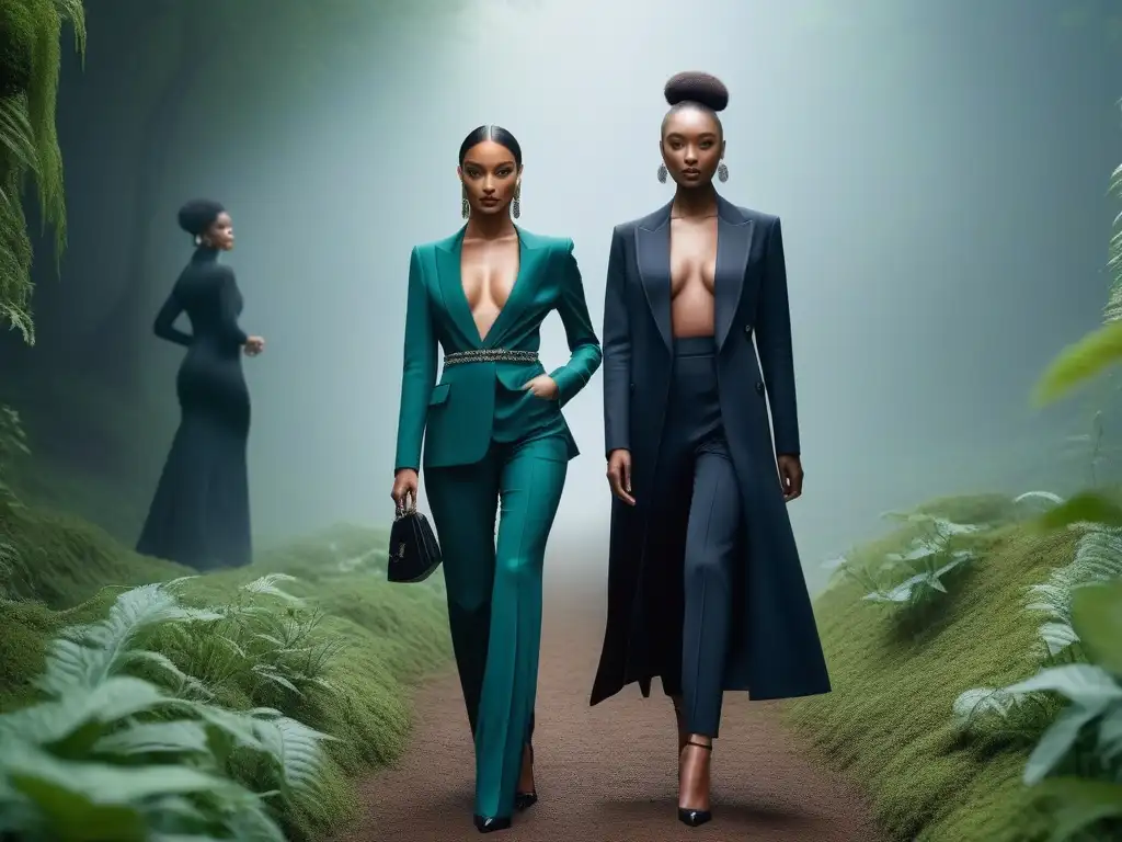 Desfile de moda vegana: belleza inclusiva en armonía natural Un desfile de moda con modelos de tallas petite y altas luciendo productos de belleza veganos, rodeados de naturaleza y luz suave