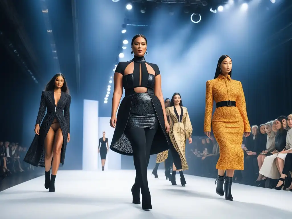 Desfile ecoinnovador: diversidad y estilo en alta costura Desfile de moda ecoconsciente con modelos diversos exhibiendo tendencias innovadoras y sostenibles