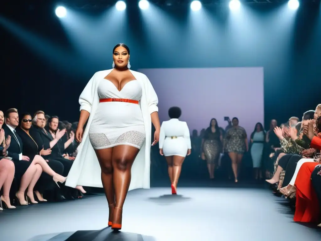 Desfile de moda plus size: diversidad y empoderamiento Desfile de moda plus size: modelos diversos exhiben trajes elegantes en una pasarela iluminada, generando un ambiente inclusivo y vibrante