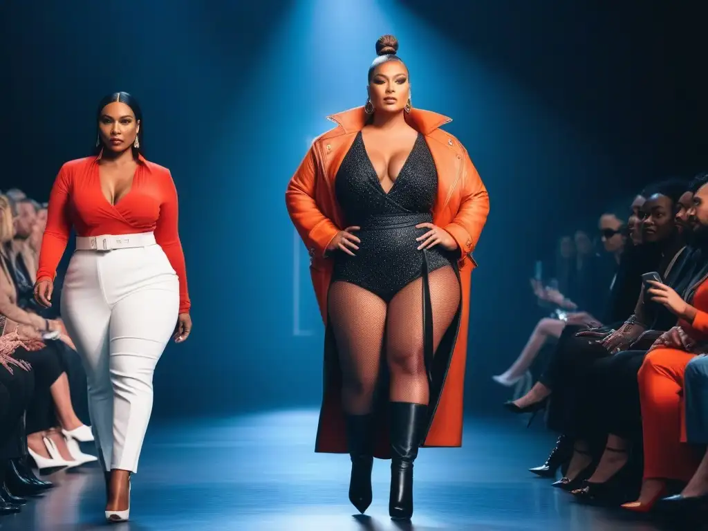 Desfile de moda: Mujeres seguras de diferentes tallas y estilos, empoderadas y diversas Desfile de moda con mujeres diversas, seguras y empoderadas, representando la inclusión en la industria
