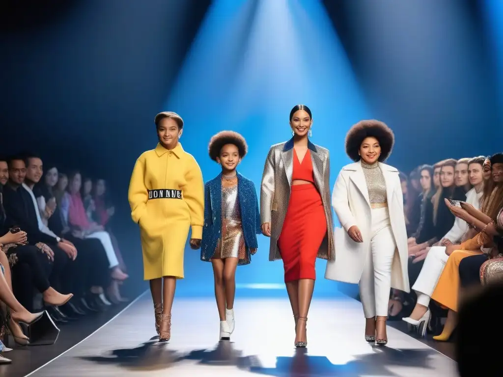Desfile de moda infantil: diversidad y estilo en pasarela Desfile de moda con niños de distintas etnias y capacidades caminando con confianza en una pasarela, mostrando inclusión en la moda infantil