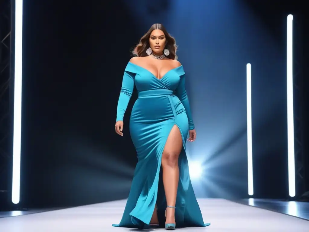 Desfile de moda plussize: empoderamiento y estilo en alta definición Desfile de moda plus size con nuevos materiales innovadores y empoderamiento estilístico en pasarela futurista