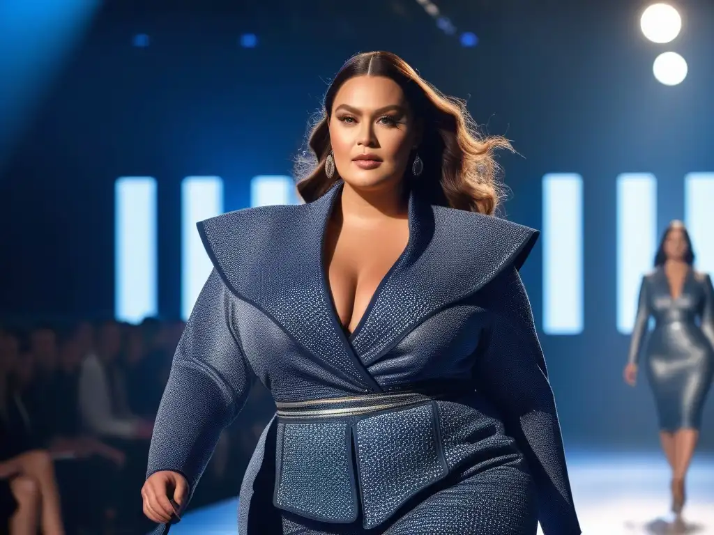 Desfile de moda: modelo curvy con look tecnológico Un desfile de moda plus size con nuevos materiales tecnológicos que realzan la silueta de la modelo