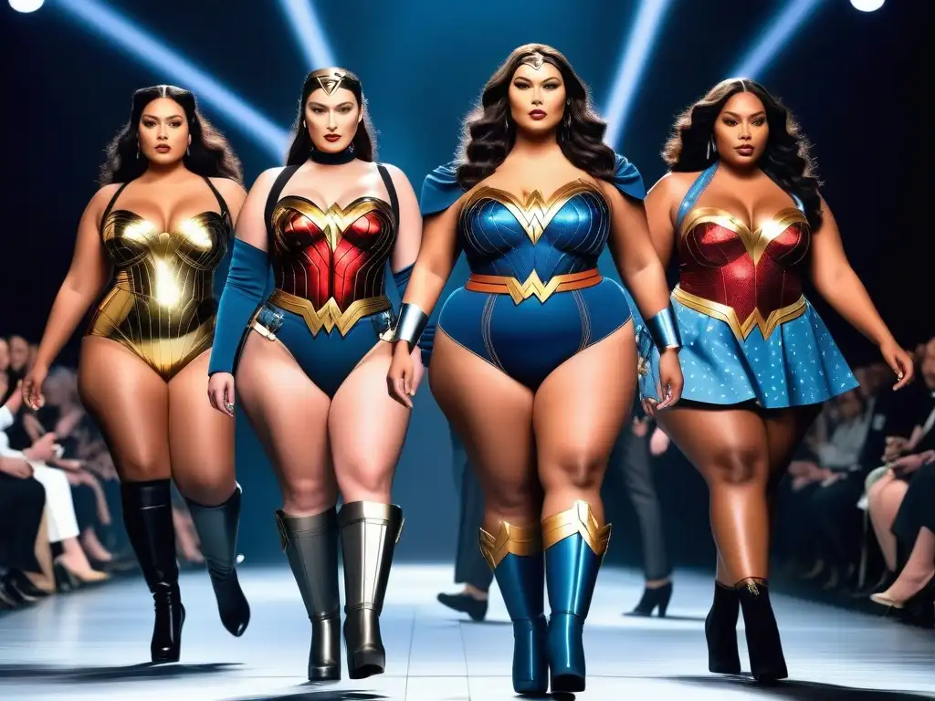 Pasarela futurista de modelos curvy inspiradas en personajes icónicos Desfile de moda plus size con personajes icónicos