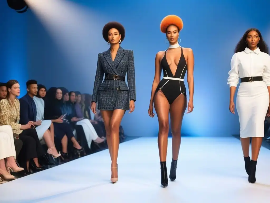 Desfile de moda para personas altas: elegancia y diversidad en la pasarela Desfile de moda para personas altas inclusiva con modelos seguras y elegantes en pasarela moderna