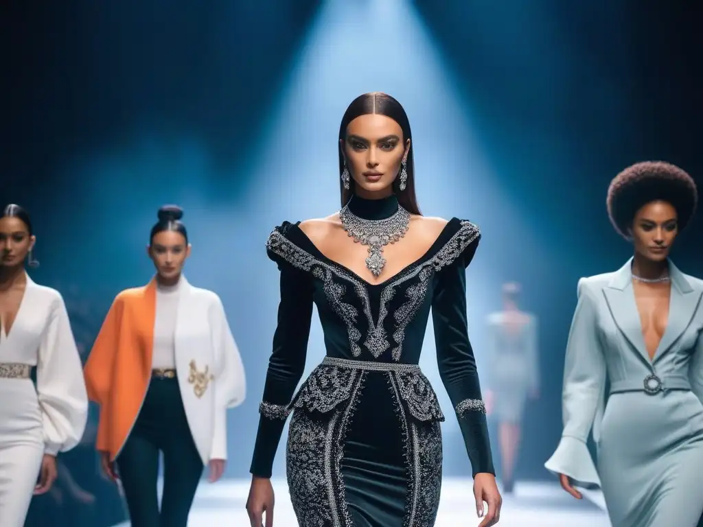 Desfile de moda: Evolución de la moda alta a través de las décadas Desfile de moda para personas altas con estilos de décadas pasadas en una pasarela glamurosa