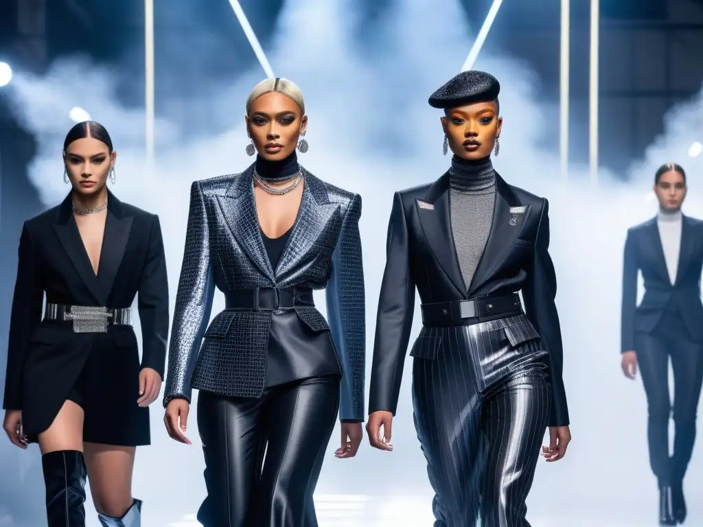 Desfile de moda transgresor 2023: diversidad de género en la pasarela Desfile de moda 2023 con personas trans no binarias desfilando en una pasarela futurista, desafiando normas de género