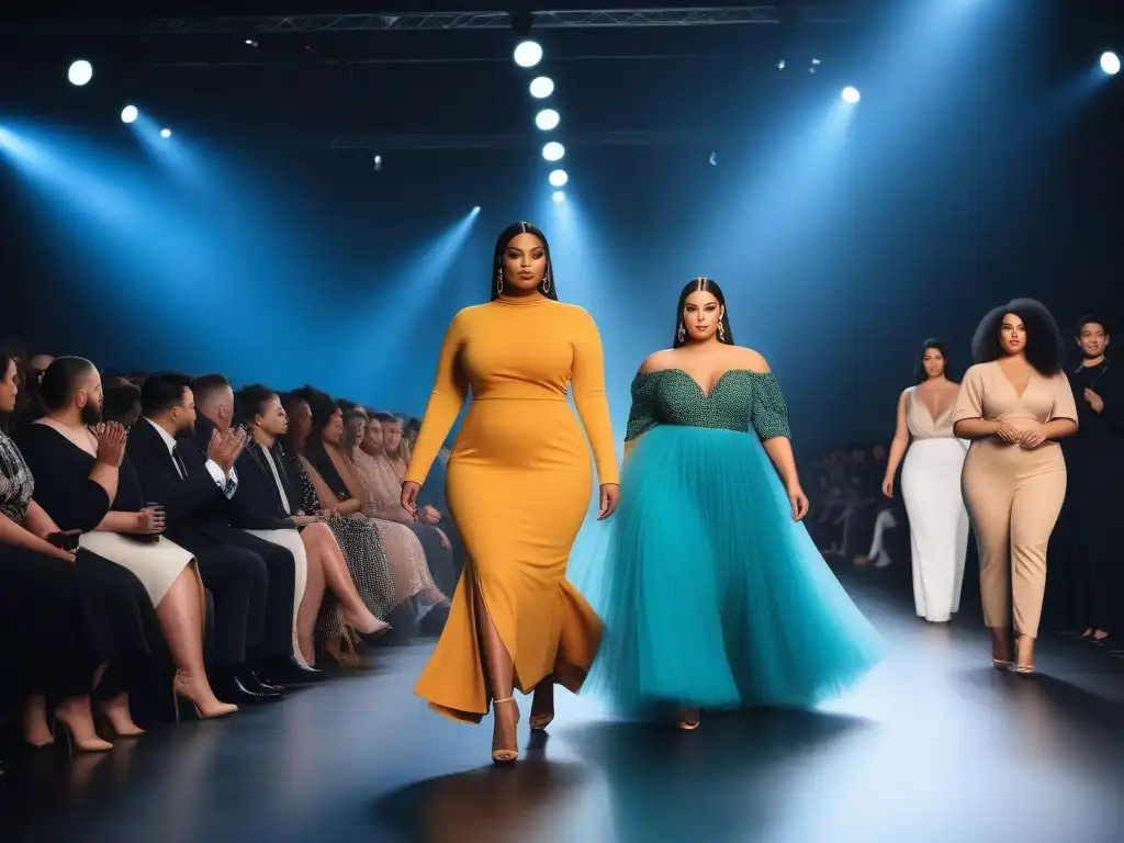 Desfile de moda plussize: diversidad y empoderamiento Desfile de moda plus con modelos diversos exhibiendo empoderamiento y estilo