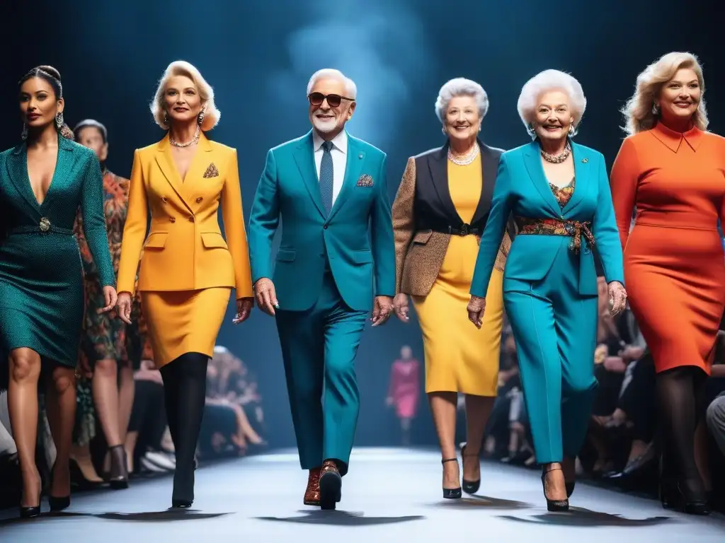 Desfile de moda: seniors lucen con confianza prendas de compresión trendy Desfile de moda de seniors luciendo prendas de compresión vibrantes y modernas