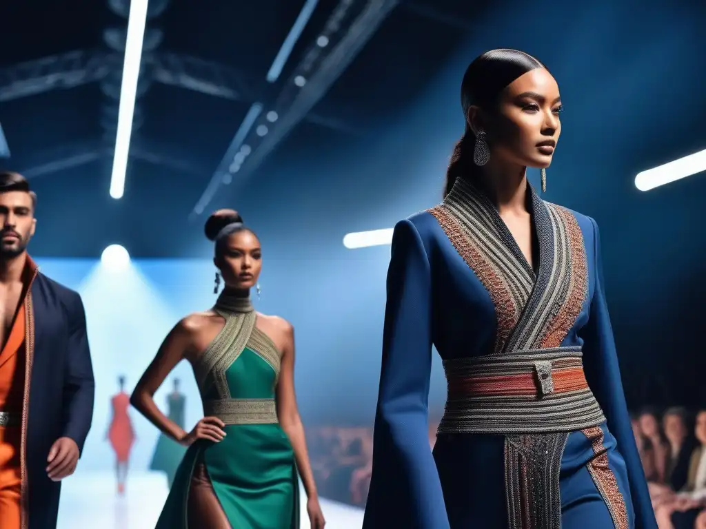 Desfile de moda étnica futurista: fusión de culturas y estilo Desfile de moda: Prendas étnicas evolución moda mundial en pasarela futurista con modelos diversos luciendo atuendos de fusión cultural y vanguardista