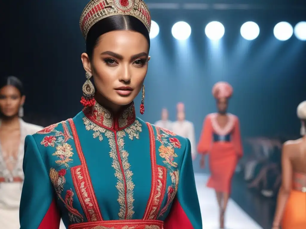 Pasarela étnica: moda global fusionada con tradición Desfile de moda con prendas étnicas evolución moda mundial, modelos seguros y coloridos