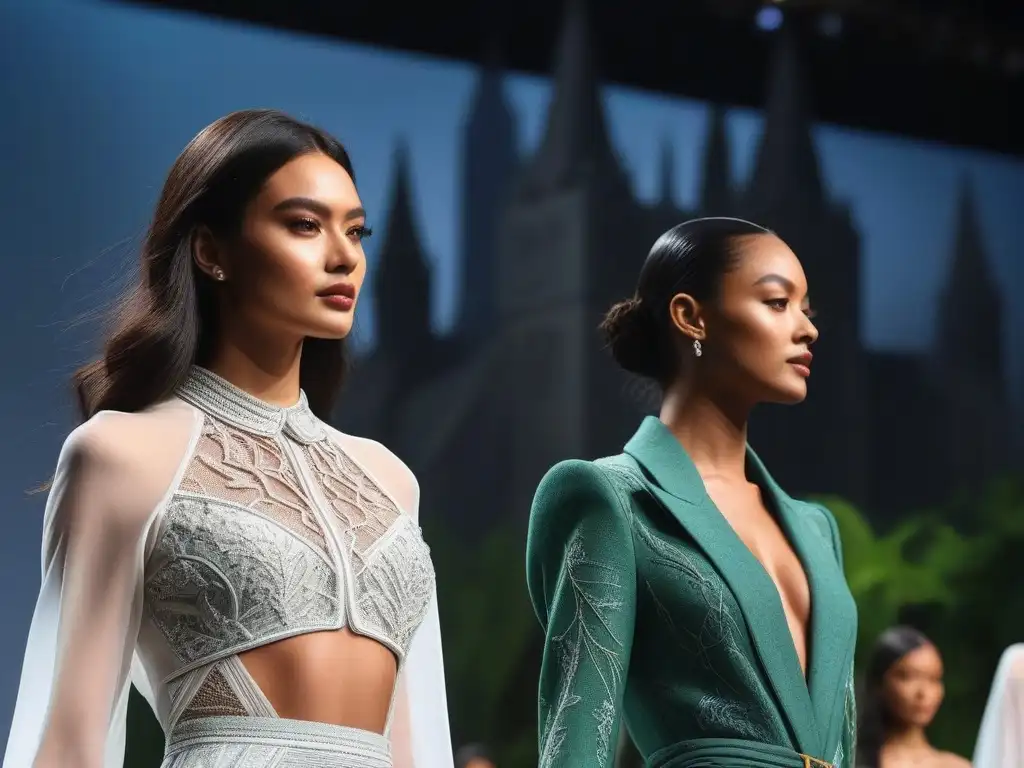 Desfile de moda sostenible: diversidad y empoderamiento en la pasarela Desfile de moda reciclada para todos: modelos diversos lucen outfits sostenibles en pasarela futurista