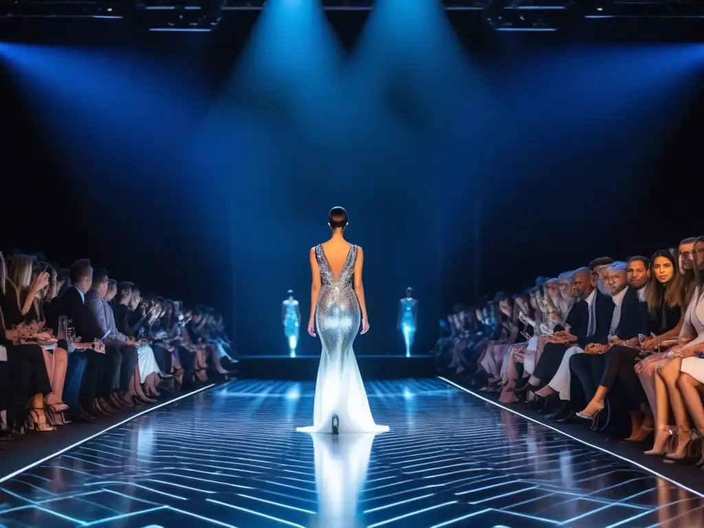 Desfile de moda con vestidos LED futuristas y vibrantes Desfile de moda con ropa de tecnología LED para eventos, luces vibrantes iluminan la pasarela