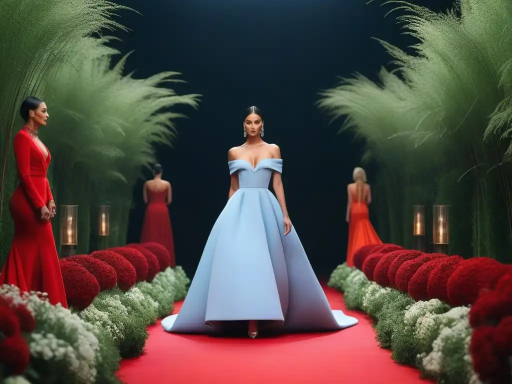 Desfile de famosos eco-chic en alfombra roja sostenible Un desfile de Moda sostenible en la alfombra roja con celebridades, elegancia y glamour entre materiales reciclados