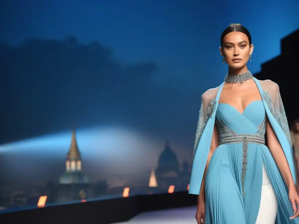 Desfile de moda sostenible: lujo eco en ciudad futurista Desfile de moda sostenible zero waste con certificaciones en un escenario futurista urbano