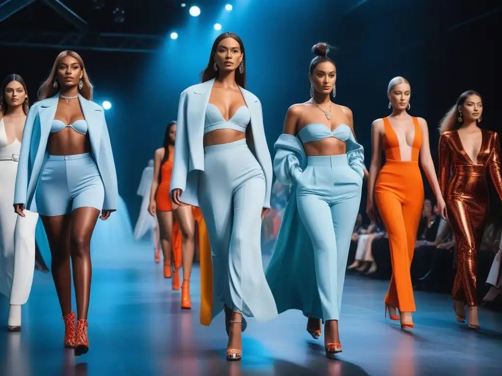 Desfile de moda sostenible: diversidad y estilo eco en la pasarela Desfile de moda sostenible para todos cuerpos en pasarela futurista