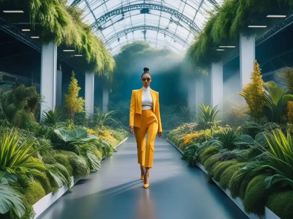 Desfile de moda sostenible con modelos diversos en pasarela futurista Desfile de moda sostenible para todos cuerpos en pasarela futurista entre vegetación exuberante y arquitectura ecológica