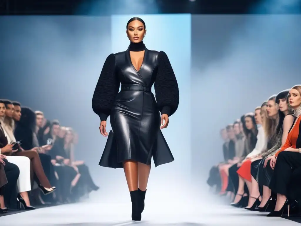 Desfile de moda sostenible con diversidad de cuerpos y estilos Desfile de moda sostenible para todos los cuerpos con modelos diversos y seguros de sí mismos en una pasarela futurista