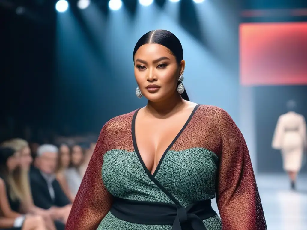 Desfile de moda inclusivo y sostenible: diversidad en la pasarela Desfile de moda sostenible con cuerpos inclusivos en pasarela futurista