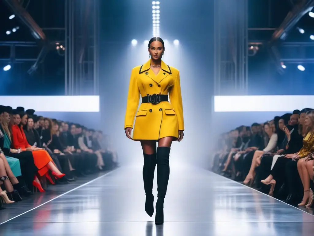 Desfile sostenible: moda para todos los cuerpos en ciudad futurista Desfile de moda sostenible para cuerpos diversos en una pasarela futurista