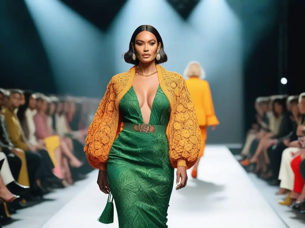 Desfile de moda sostenible: diversidad de modelos en pasarela verde Desfile de moda sostenible para cuerpos diversos en escenario verde con paneles solares