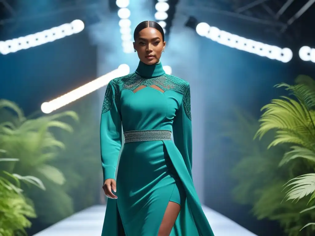 Desfile inclusivo de moda sostenible en escenario eco-amigable Desfile de moda sostenible para todos cuerpos con diversidad étnica y de estilos en un escenario futurista y ecológico