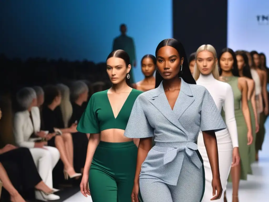 Desfile inclusivo de moda sostenible: diversidad y estilo ecofriendly Desfile de moda sostenible para todos cuerpos: modelos diversos desfilan con confianza en una pasarela moderna y futurista