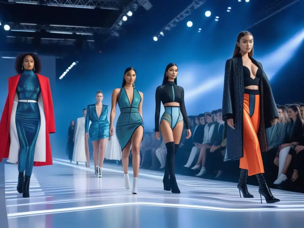 Pasarela futurista: moda sostenible para todos los cuerpos Desfile de moda sostenible para todos los cuerpos en una pasarela futurista