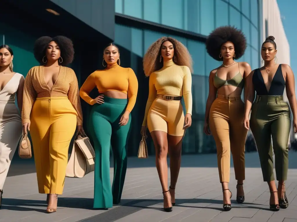 Diversidad y estilo sostenible en la ciudad: moda ecofriendly para todos Un desfile de moda sostenible para todos cuerpos en una vibrante calle de la ciudad