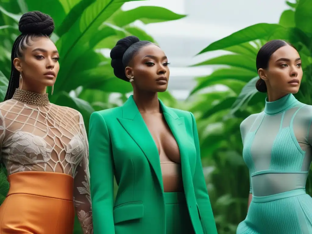 Moda sostenible: diversidad y empoderamiento en la ciudad verde Un desfile de moda sostenible para todos cuerpos en un escenario urbano futurista y verde, con personas diversas y seguras de sí mismas