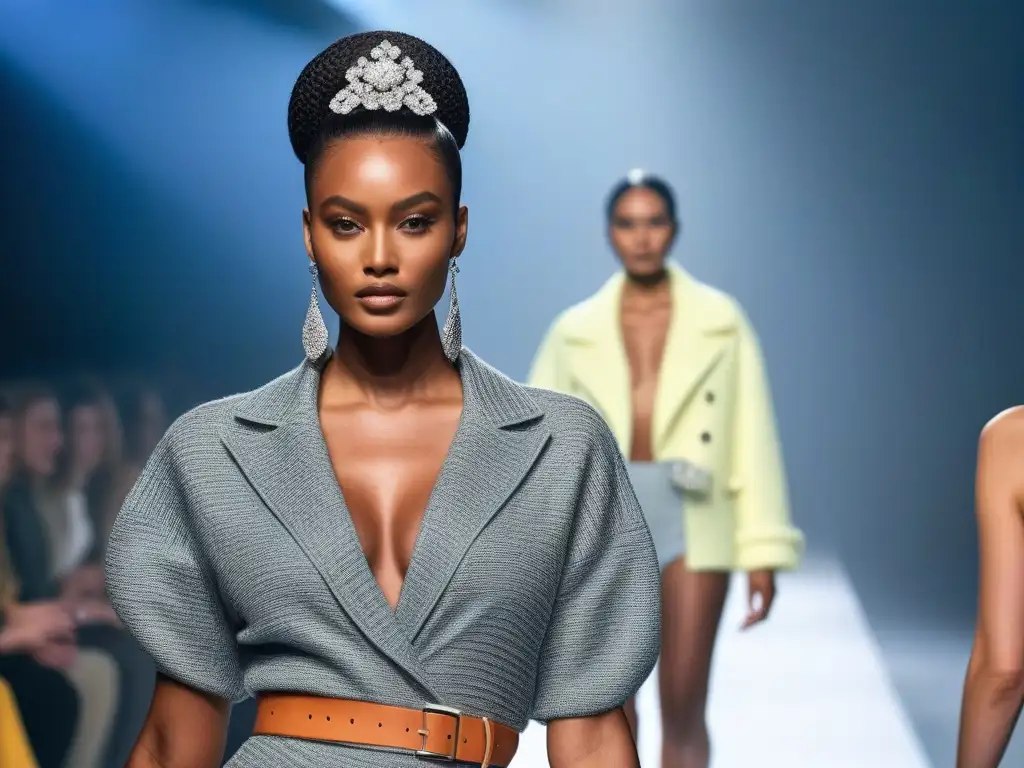 Moda sostenible: desfile diverso y vibrante Desfile de moda sostenible para todos cuerpos en una pasarela chic y moderna, con modelos diversos luciendo prendas ecofriendly