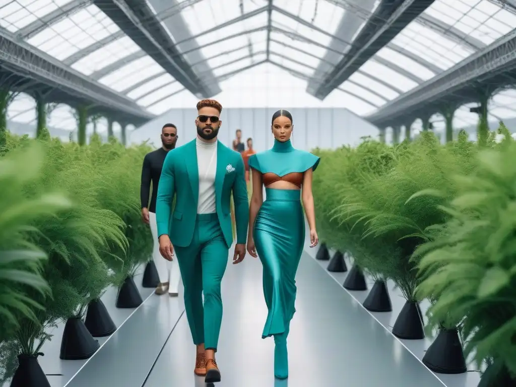 Desfile de moda sostenible y diverso: inclusividad y estilo eco Desfile de moda sostenible para todos los cuerpos en un escenario futurista y ecológico