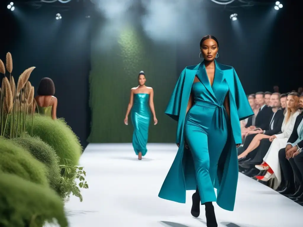 Desfile inclusivo de moda sostenible en entorno futurista Desfile de moda sostenible para todos los cuerpos en un escenario futurista y ecoamigable