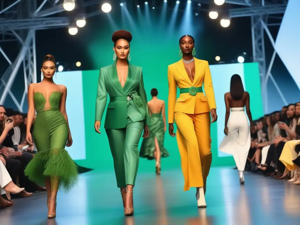 Desfile de moda sostenible: diversidad y estilo eco-chic Desfile de moda sostenible para todos cuerpos en una pasarela futurista y vibrante