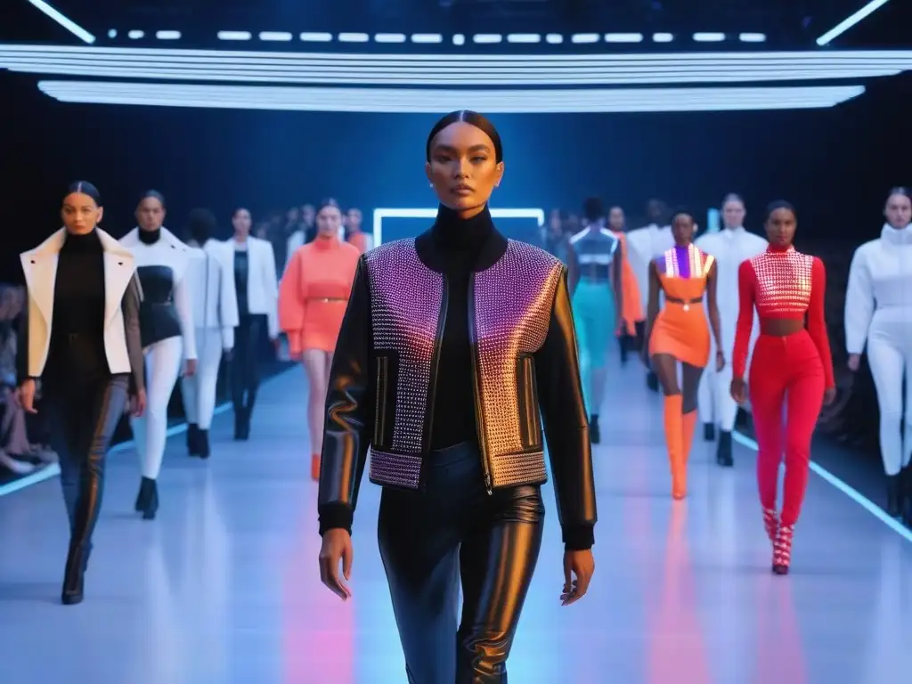 Desfile futurista de moda sostenible con diversidad de cuerpos Desfile de moda sostenible para todos cuerpos en pasarela futurista con diseños vanguardistas y tecnología wearable