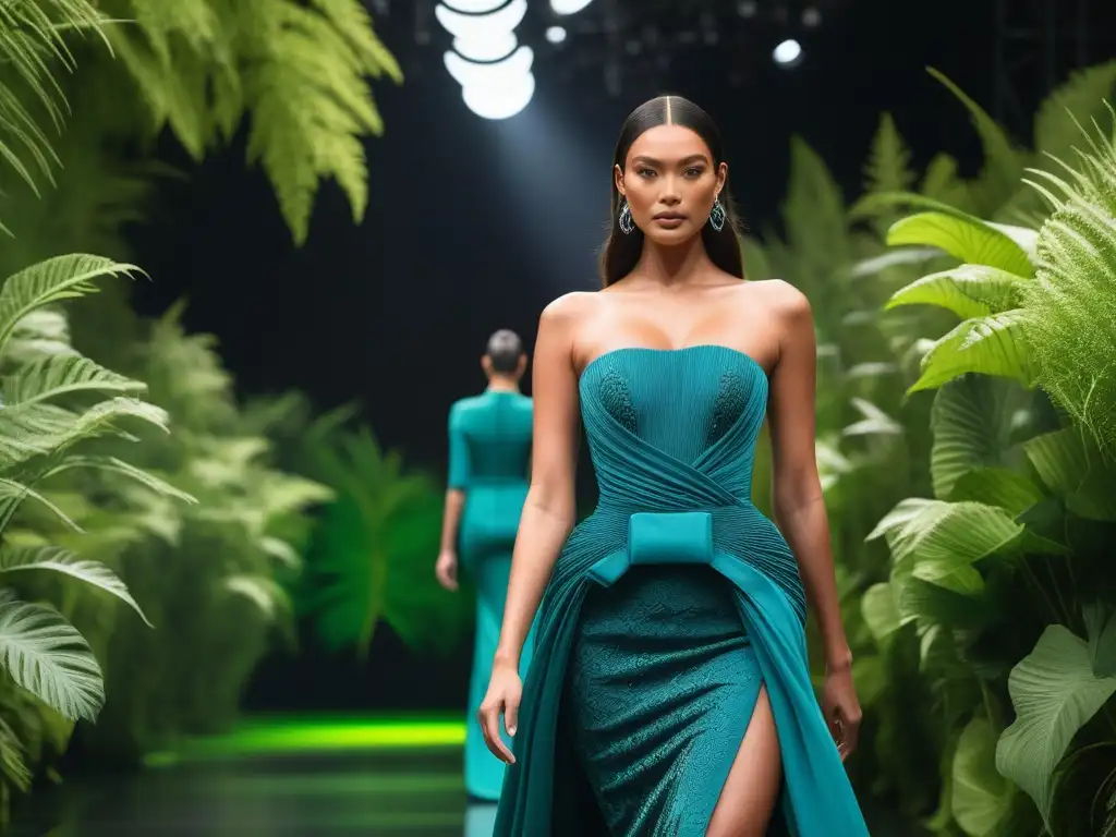 Desfile de moda sostenible: diversidad, empoderamiento y naturaleza Desfile de moda sostenible para todos cuerpos en una pasarela futurista entre vegetación exuberante