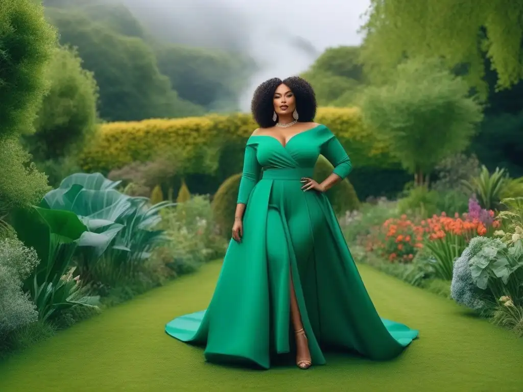 Moda sostenible: diversidad y estilo en un jardín verde Desfile de moda sostenible para todos cuerpos en jardín verde, promoviendo inclusividad y estilo