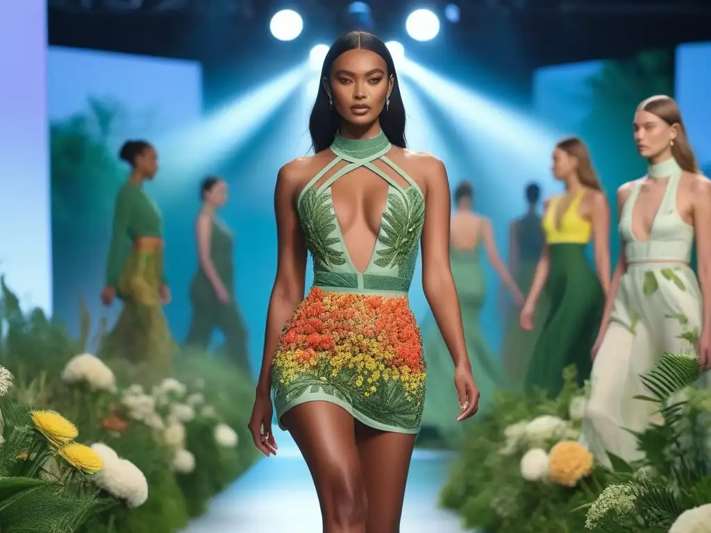 Desfile de moda sostenible: diversidad de cuerpos y estilos en pasarela Desfile de moda sostenible para todos cuerpos en pasarela futurista con modelos diversos y prendas ecofriendly