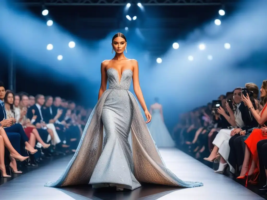Desfile de moda sostenible: vestido reciclado en pasarela Un desfile de moda sostenible con un diseño glamoroso hecho de materiales reciclados