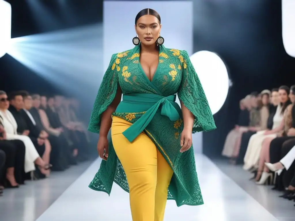 Desfile de moda plus size sostenible: diversidad y empoderamiento Desfile de moda sostenible diversa tallas especiales: modelos plus size desfilan con confianza y estilo en pasarela ecofriendly y colorida