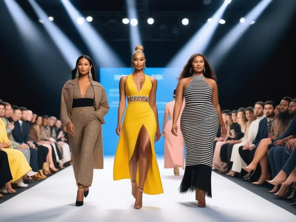 Pasarela inclusiva: diversidad y moda sostenible Desfile de moda sostenible con diversidad de tallas, étnica y habilidades en una pasarela inclusiva