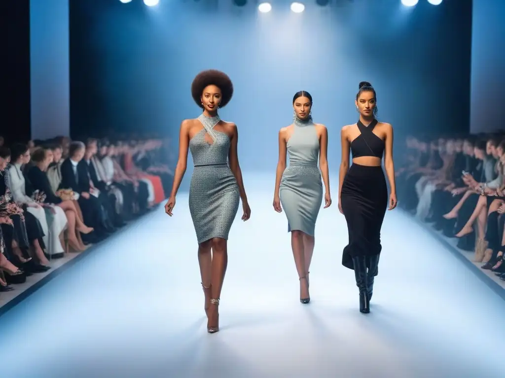 Desfile de moda sostenible y diverso para petites Desfile de moda petite sostenible y diversidad: modelos étnicamente diversas y empoderadas caminan en una pasarela futurista